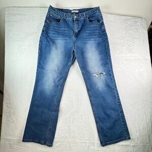 Genleck Womens XL Blue Straight Leg Jeans Stretch Cotton Denim Distressed Hem